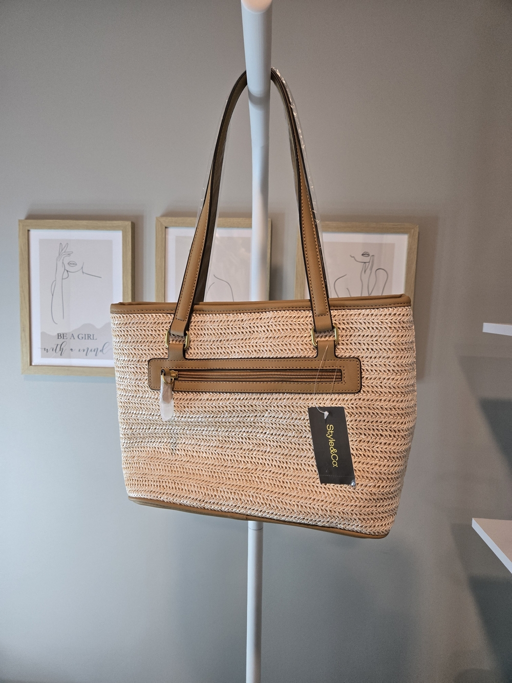 Style & Co. Natural Straw Tote with Tan Trim and Zip Pocket - Picture 2 of 16